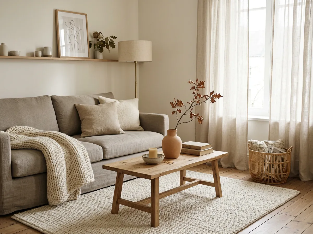 Salon clair aux textures bois et lin